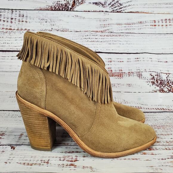 Joie Loren Fringe Booties Boho Tan Suede Leather Slip on Western Boots Size 39.5 - Picture 3 of 11